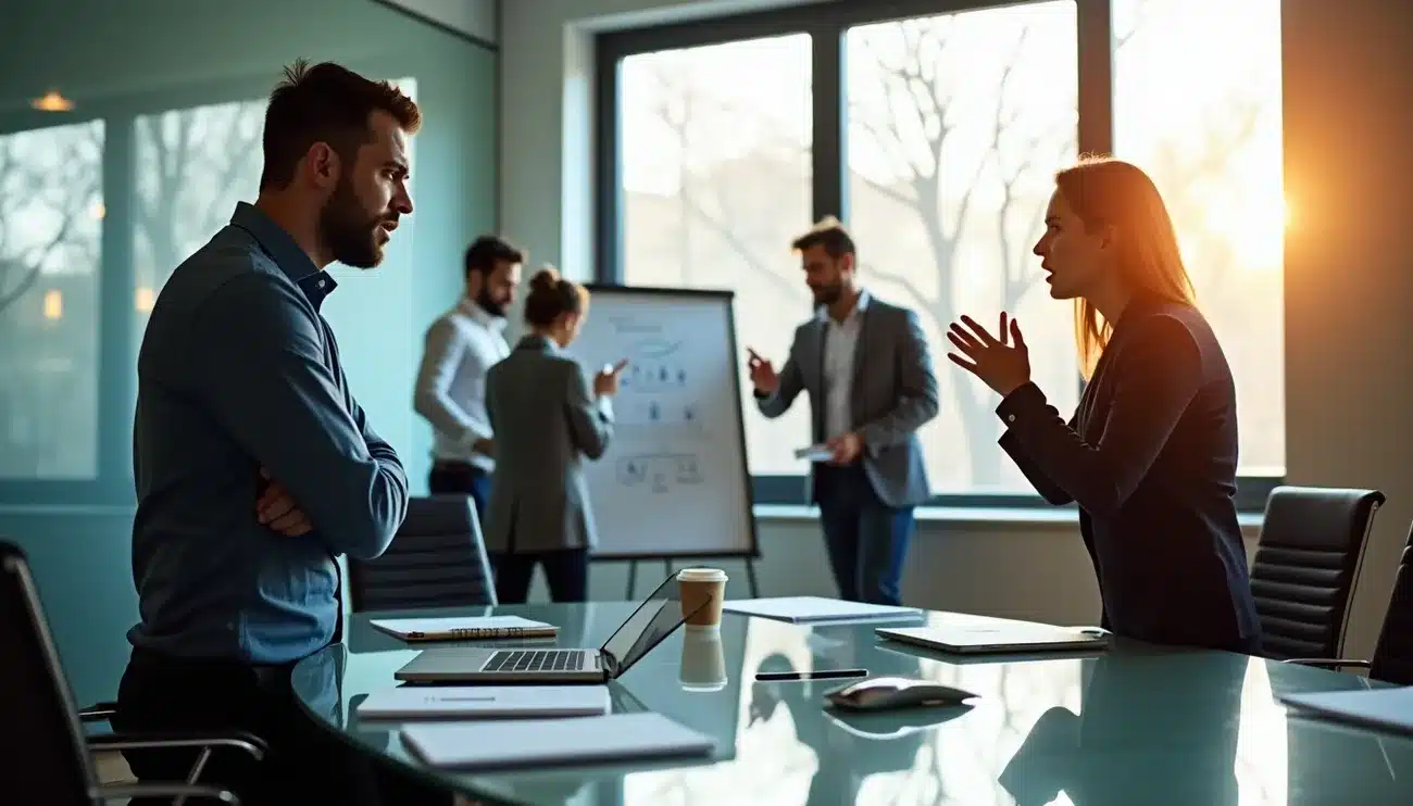 Team members engaged in a tense discussion during a business meeting in a modern office at sunset.